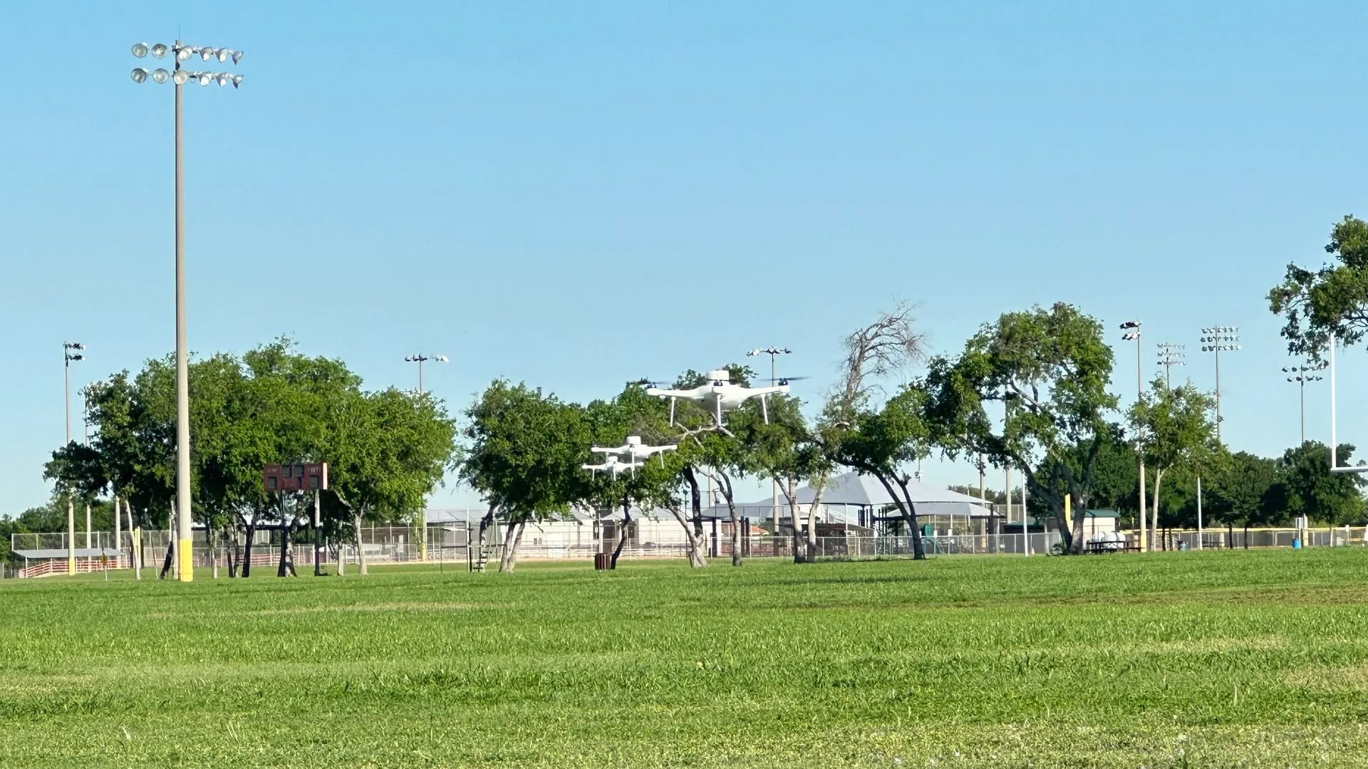 Drone Show Guys show drones in flight over an open park field, with the treeline and light poles behind them